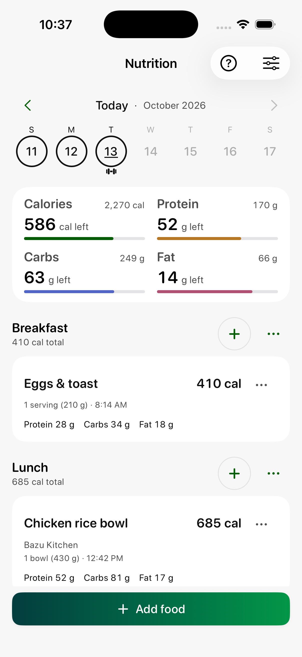 Bazu Nutrition showing daily calorie and macro targets and logged meals with example data